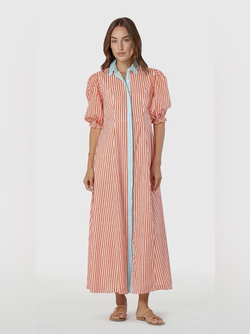 Livro Puff Short Sleeve Striped Button Front Maxi Dress Orange White Women’s S
